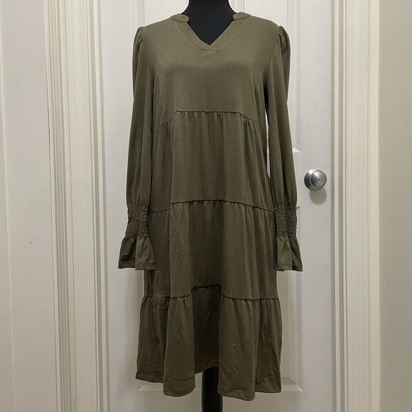 New Marokeety Long Sleeve Ruffle Midi Dress Olive V-Neck Pockets Women's Small - Picture 2 of 10